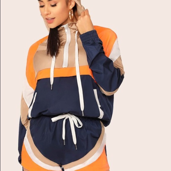 Colorblock Hooded Zip Windbreaker And Shorts Set - Picture 2 of 3